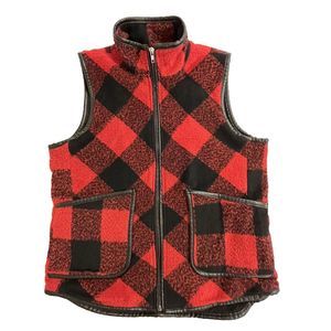 Jolt Full Zipper Vest Red Black Plaid‎ Sz L Faux Leather Trim Pockets Pre-owned